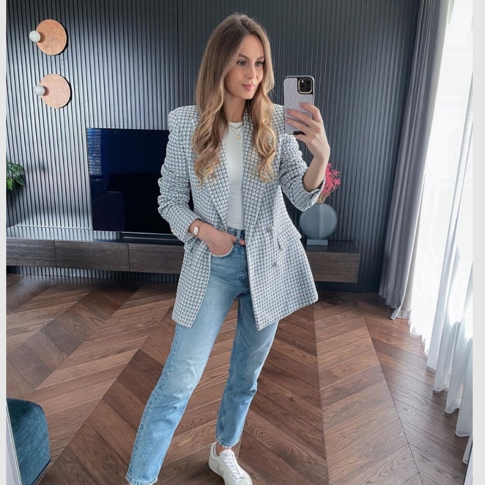SOLD RARE BLOGGERS FAV Zara textured double breasted blazer blue silver tweed… - Picture 1 of 7